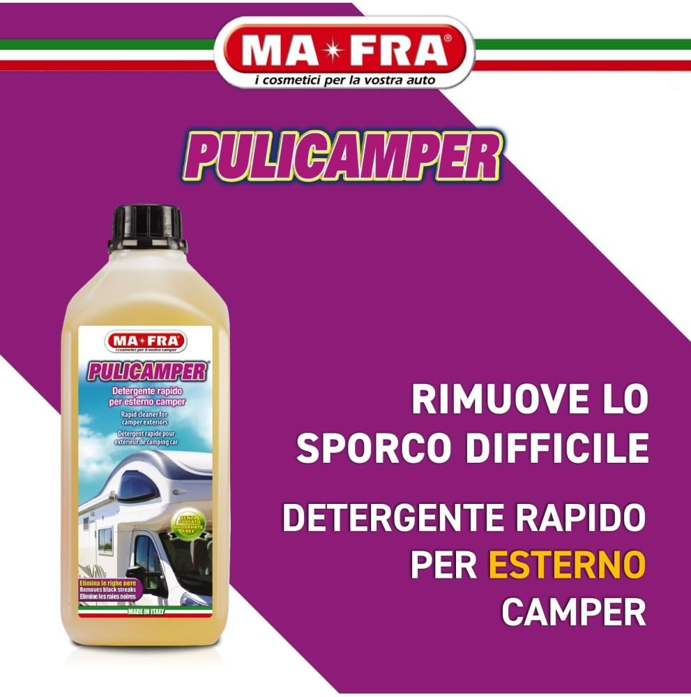 Ma-Fra Pulicamper 2 Pezzi Formato 4 Litri – Detergente Camper Esterno, Elimina Righe Nere, Smog, Moscerini e Sporco Ostinato, Sicuro su Vetroresina e Alluminio - Confezione da 4 Litri 2 Pezzi