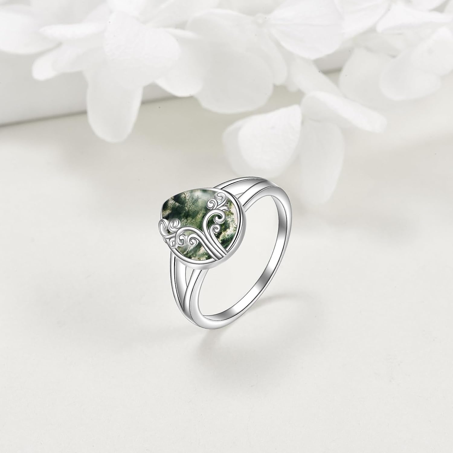 POPLYKE Moss Agate Filigree Band Ring Sterling Silver Gemstone Stones Jewelry Gift for Women 7 Size - Image 4