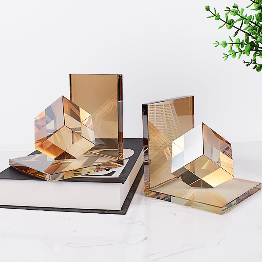 Crystal Bookends Decorative Glass Book Holders Heavy Duty Book Ends with Cube for Shelf Decor Unique Book Stopper Champagne Color