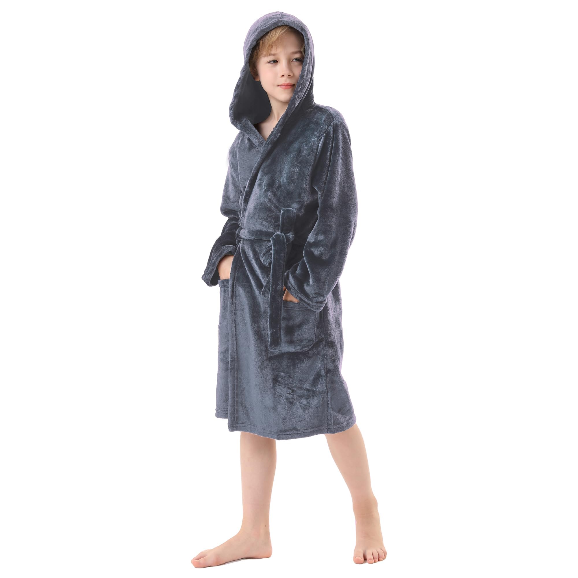 V.&amp;GRIN Boys Fleece Robe, Hooded Soft Fuzzy Bathrobe for Kids 5-14 Years