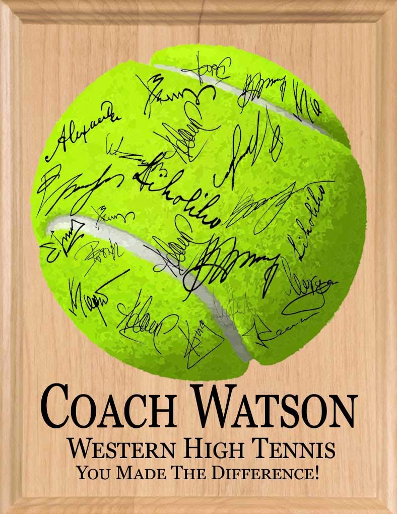 Tennis Coach Gift Plaque SIGNABLE Custom Recognition Award Trophy for Team Coaches - Player Signatures & Thank You Notes - Solid Wood - 8.5in x 11in x