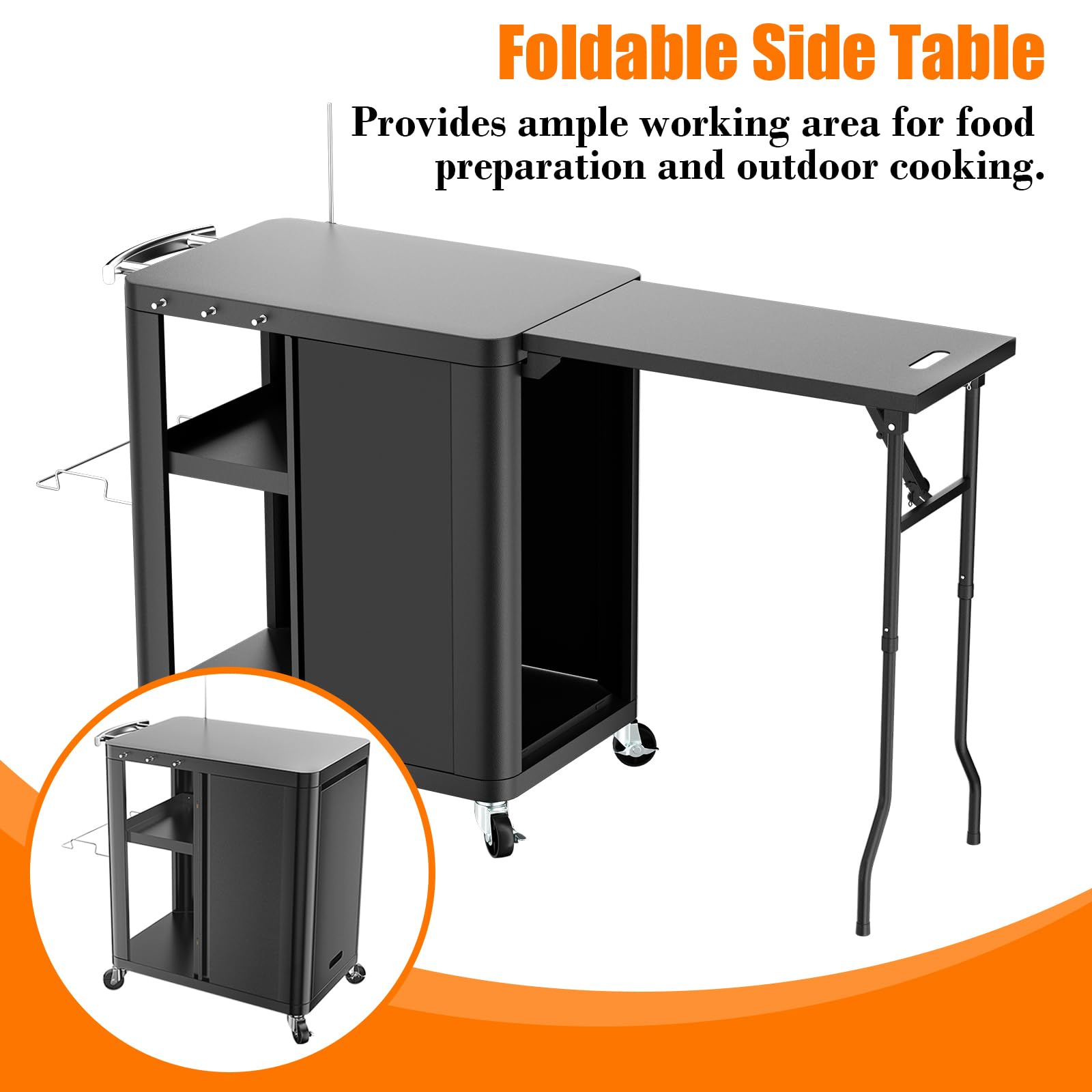 GFTIME Carro de barbacoa, mesa de barbacoa con mesa auxiliar plegable, cocina al aire libre con ganchos, estante de almacenamiento y armario, carrito de servir con ruedas, cocinas al aire libre, 143 x