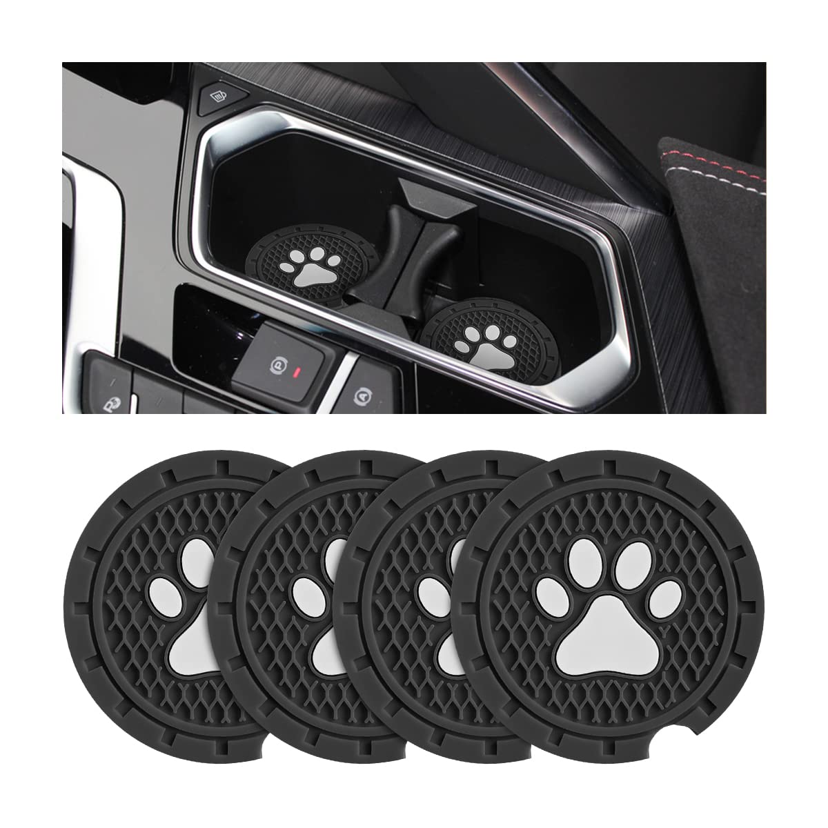 AUCELI 4 PCS Car Cup Holder Coaster, 2.75 inch Soft Rubber Auto Cup Insert Mat, Cute Cat Paws Round Car Drink Pad for Women Girls, Non-Slip Auto Interior Accessories for Most Cars, Trucks, RVs (Black)