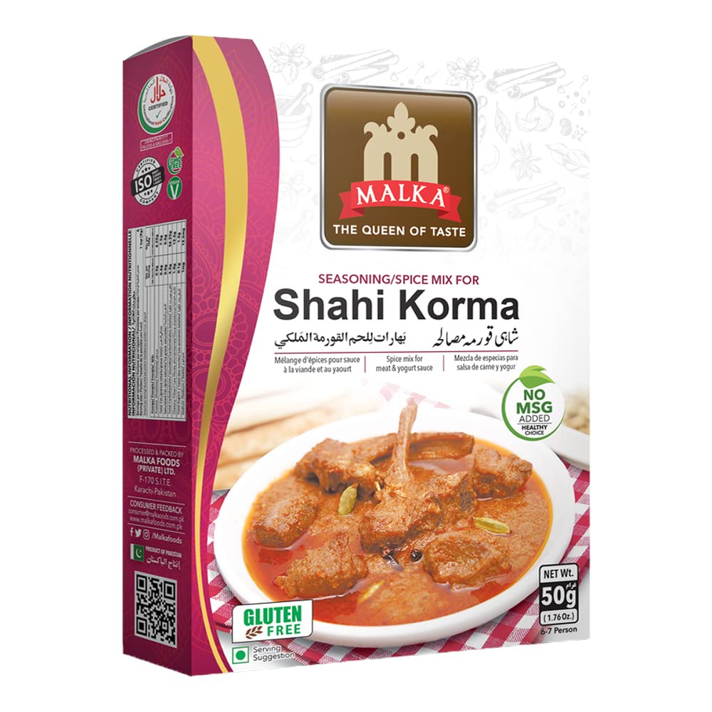 MalkaShahi Korma Recipe Mix 50g (1.76 oz) - Authentic Gourmet Spice Powder for Meat & Yogurt Sauce - No MSG Added, Vegan, Non-GMO, Gluten Free & Halal - Pack of 1