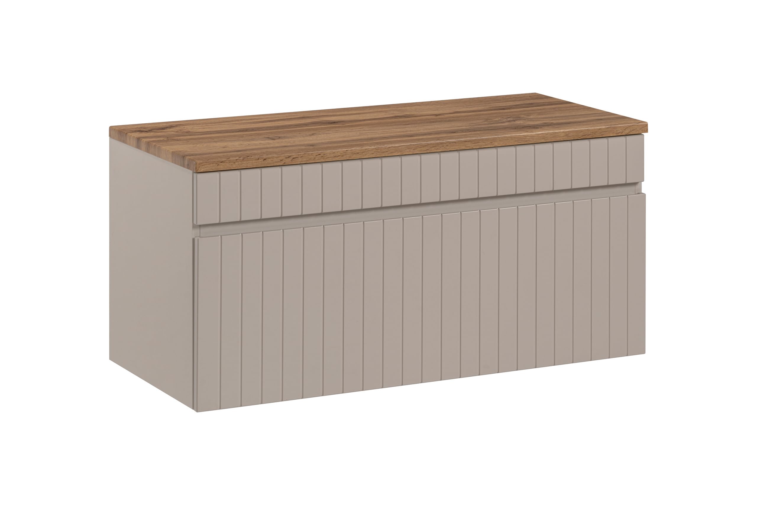 Mueble de Lavabo 100 cm Iconic Cashmere, Mueble de baño Colgante, Mueble de baño con encimera, Puertas acanaladas, Color Cachemir (con encimera Roble)