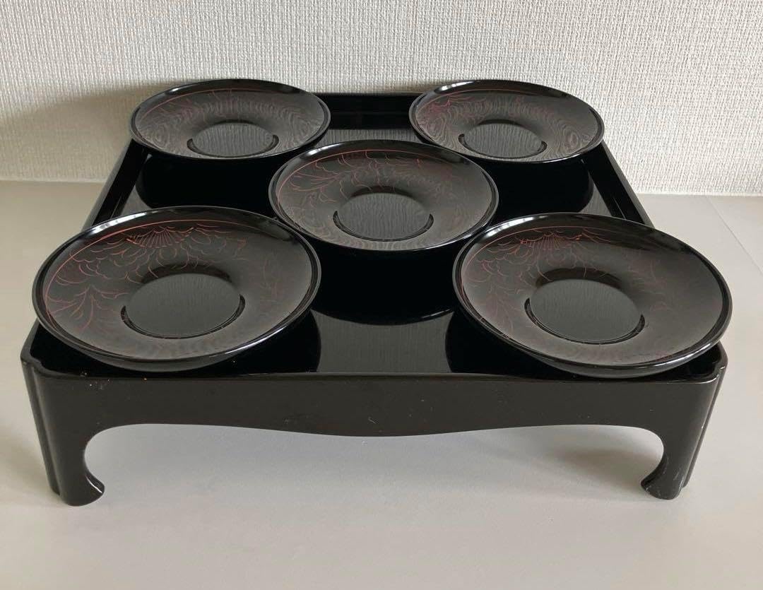 越前漆器 越前塗 茶托 沈朱 牡丹彫 5客