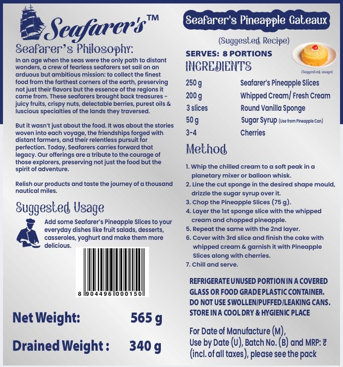 Seafarer's Canned Pineapple Slices, 1130g Combo Pack of 565g x 2 Premium Canned Pineapple Slices – Juicy, Fresh & Ready-to-Eat | Real Pineapple | Perfect for Cakes, Desserts, Toppings, Grilling & Cocktails 4