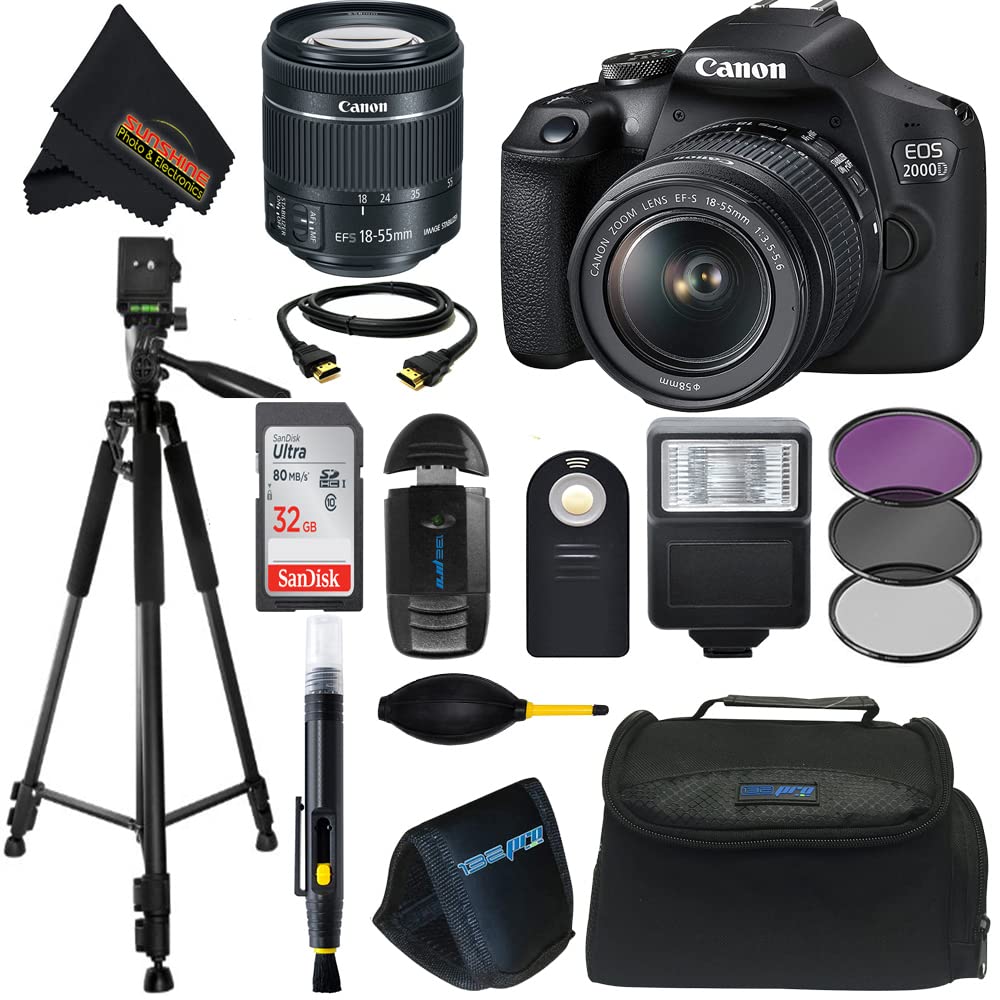 Canon EOS 2000D (Rebel T7) DSLR Camera wCanon EF-S 18-55mm F3.5-5.6 III Lens and Sunshine Photo Professional Accessories Bundle (Renewed)