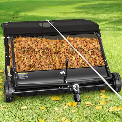 AUTOSAVER88 42" Tow Behind Lawn Sweeper, 12.9 cu. ft Capacity Pull Behind Lawn Sweeper, Leaf & Grass Collector with Adjustable Brush Height and Dumping Rope Design for Yard Lawn