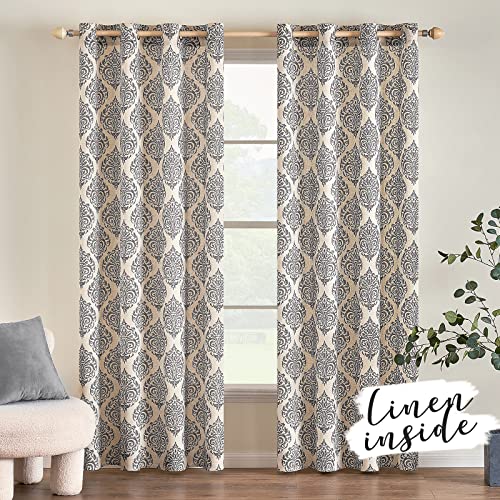 Miulee Damask Curtains 96 Inches Long Thick Linen Blend Farmhouse Pattern Drapes For Living Room Flax Classic Vintage Medallion Print Window Treatments For Bedroom 2 Panels, Grey On Beige #TOP1
