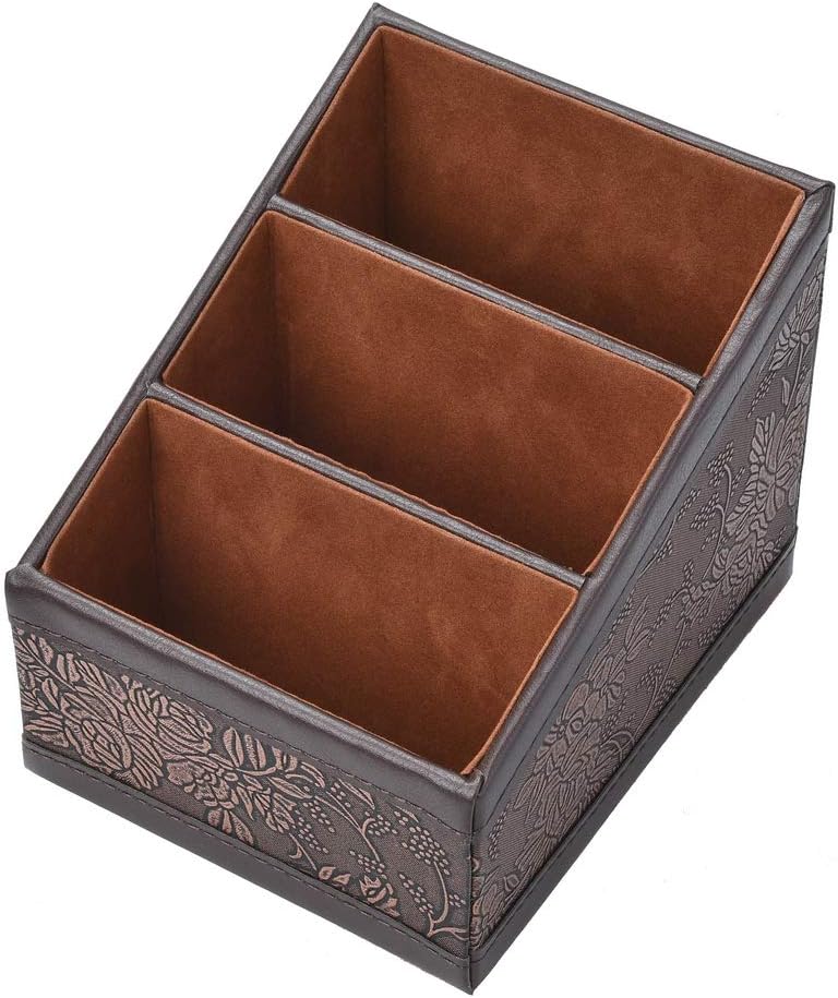 Siveit Vintage Remote Control Holder, Leather Remote Control Caddy, Leather Desk Organizer Storage Container, Office Supplies Desktop Organizer Rack, Brown, 3 Slots