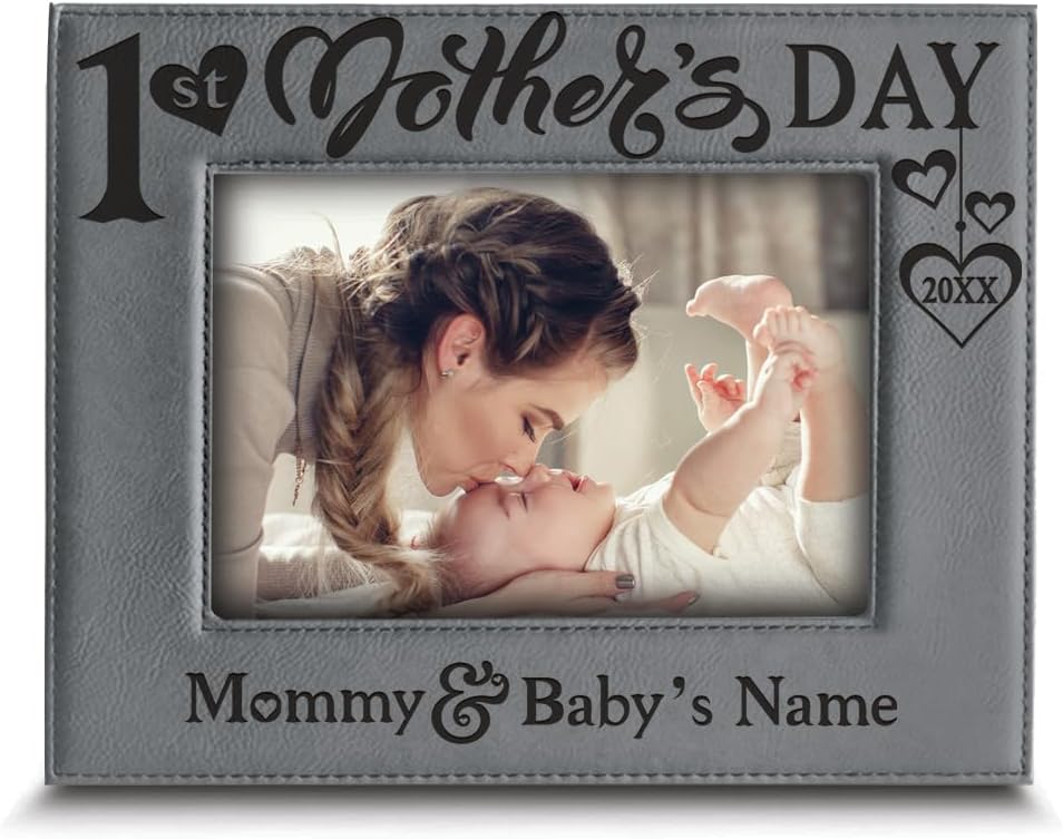 BELLA BUSTA-Perzonalize First Mothers Day Picture Frme-Mommy and Me-Keepsake for Mom- Engraved Leather Picture Frame (5x7 Horizontal)