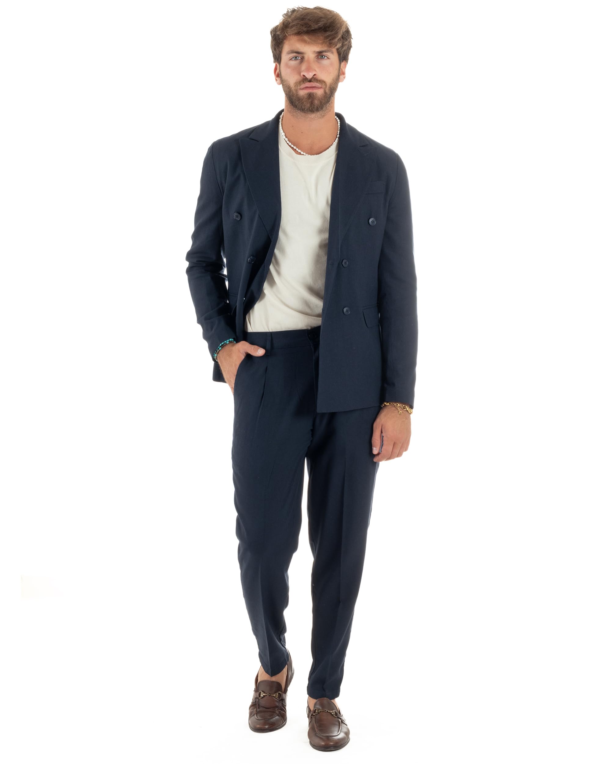 Abito Uomo Lino Elegante Sartoriale Giacca Doppiopetto Pantalone Classico Tinta Unita Vari Colori
