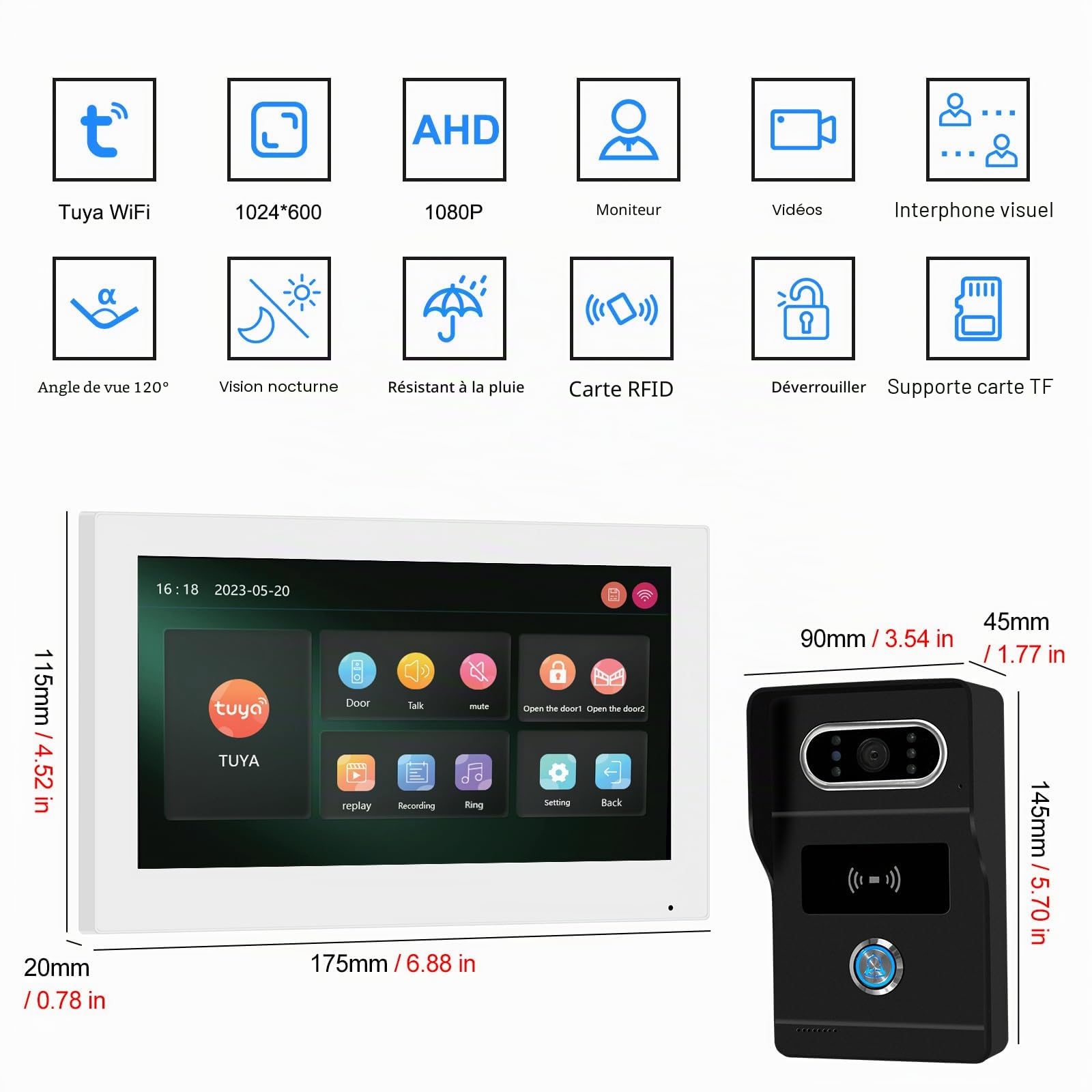2 Fils Visiophone Connecté Interphone Vidéo, 7 Pouces Moniteur Tactile,1080P, Unlock à Distance, Audio Bidirectionnel, Vision Nocturne, Installation Facile