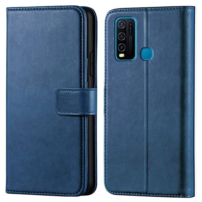 Image of JACKRO VIVO Y30 /1938 Blue Color Leather Finish Flip Case Cover - TPU Inside with Card Pockets | Wallet Stand | Magnetic Closure | Flip Cover