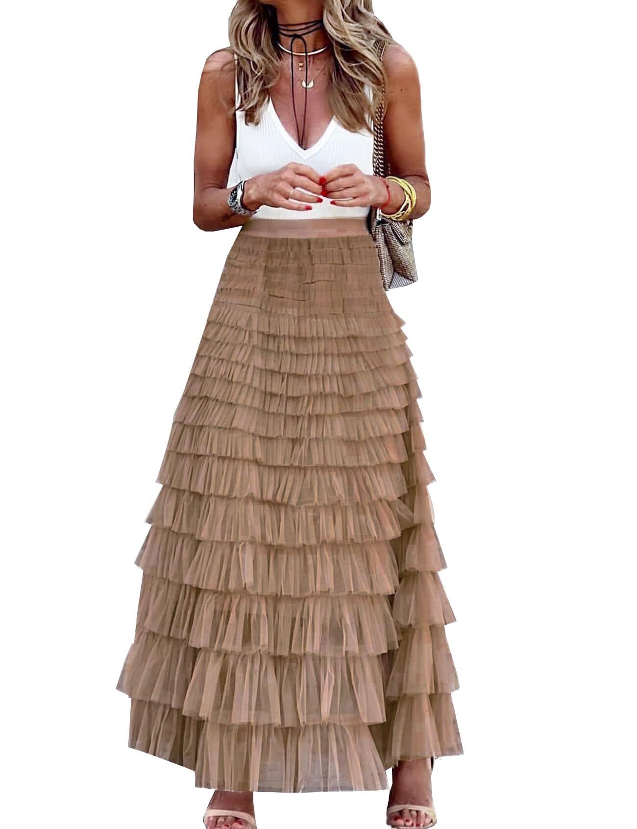 Barley Direct Women's Camel Long Maxi Tulle Skirt A Line Ruffle Mesh High Waisted Tiered Layered Skirts Petticoat(,M)