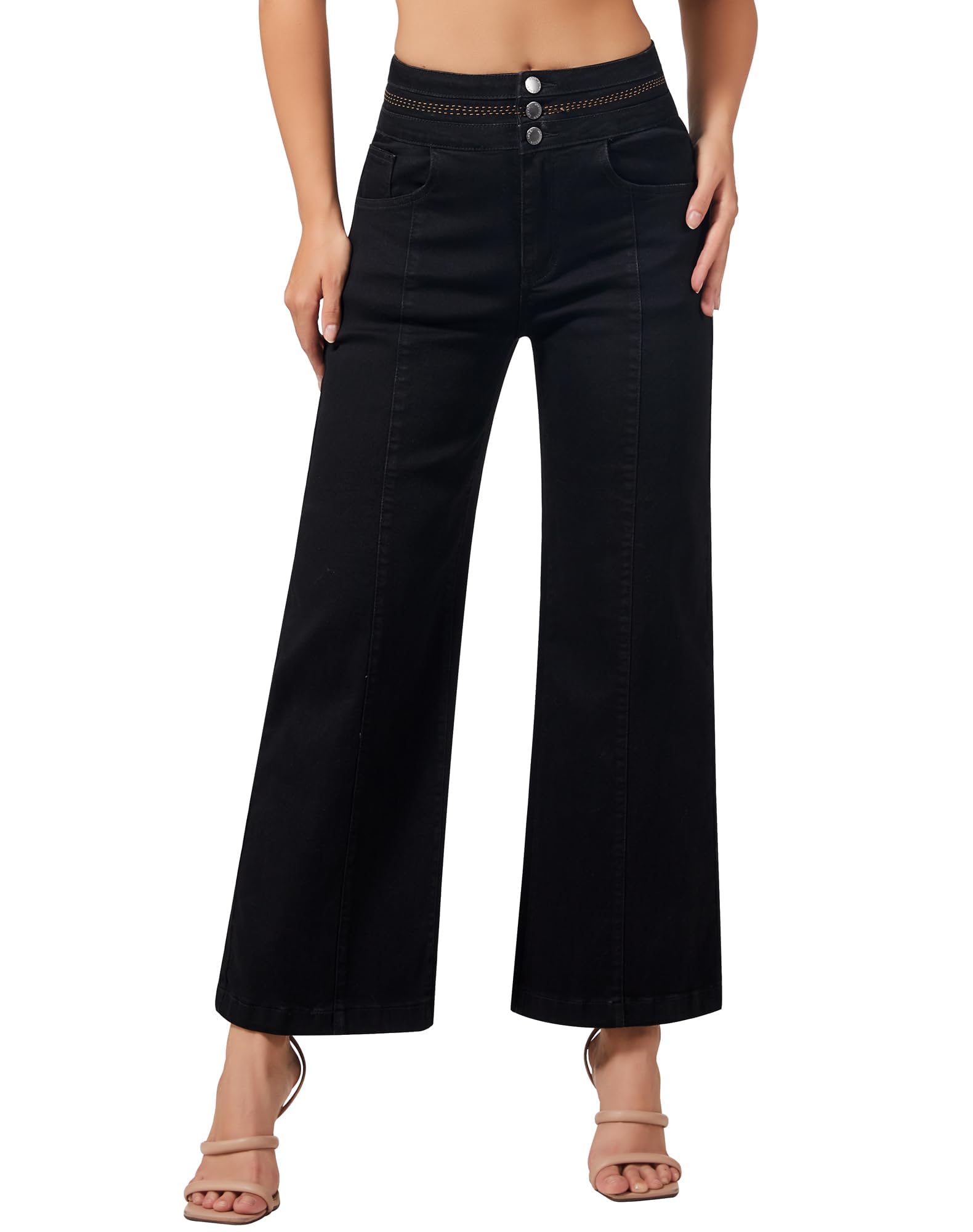 roswear Women's Wide Leg Petite Jeans High Waisted Stretchy Cropped Denim Pants