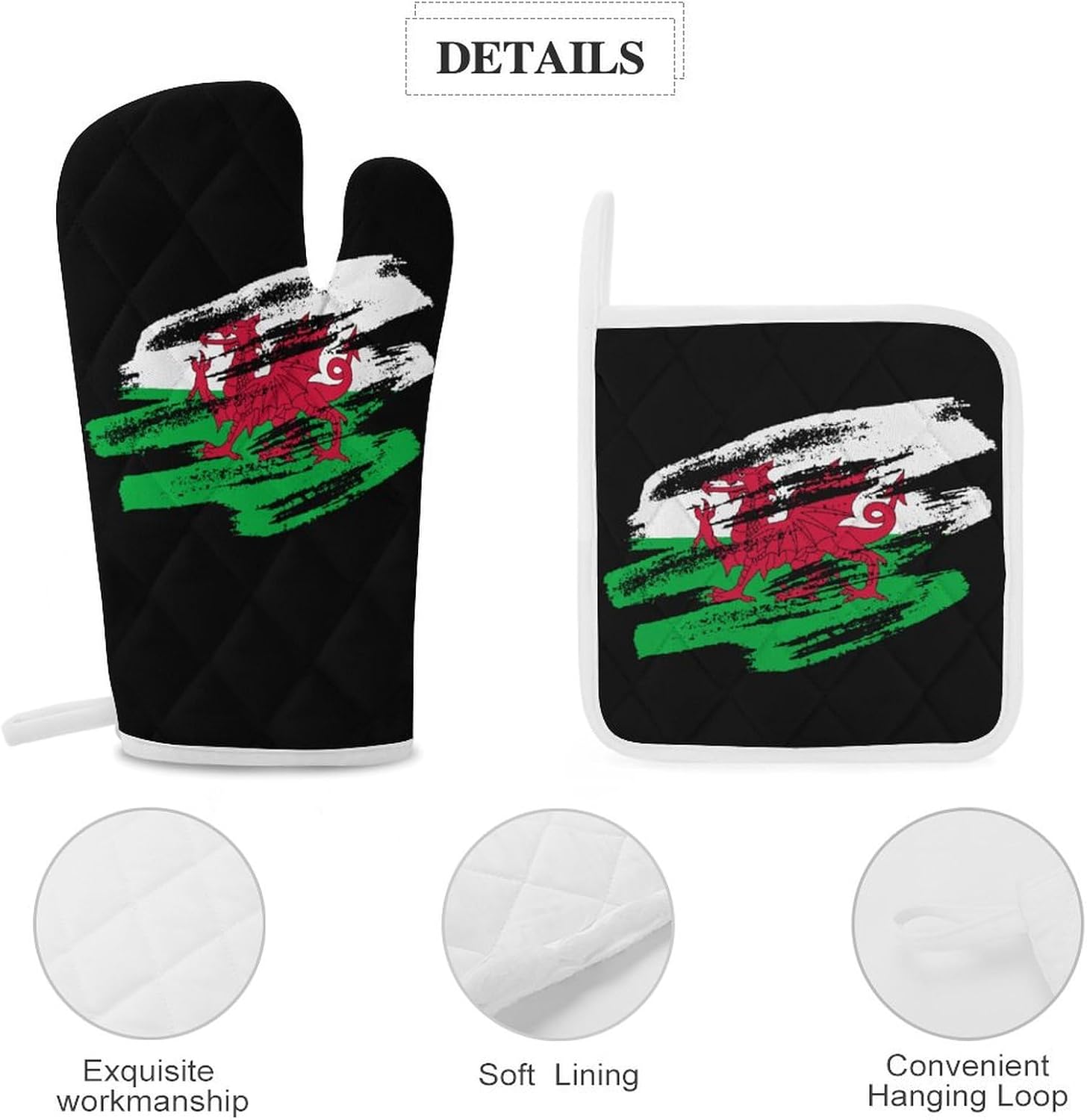 Vintage Welsh Flag Print Oven Mitts and Pot Holders 3 Piece Sets Heat Resistant Gloves Hot Pads Potholders for Kitchen Baking Cooking