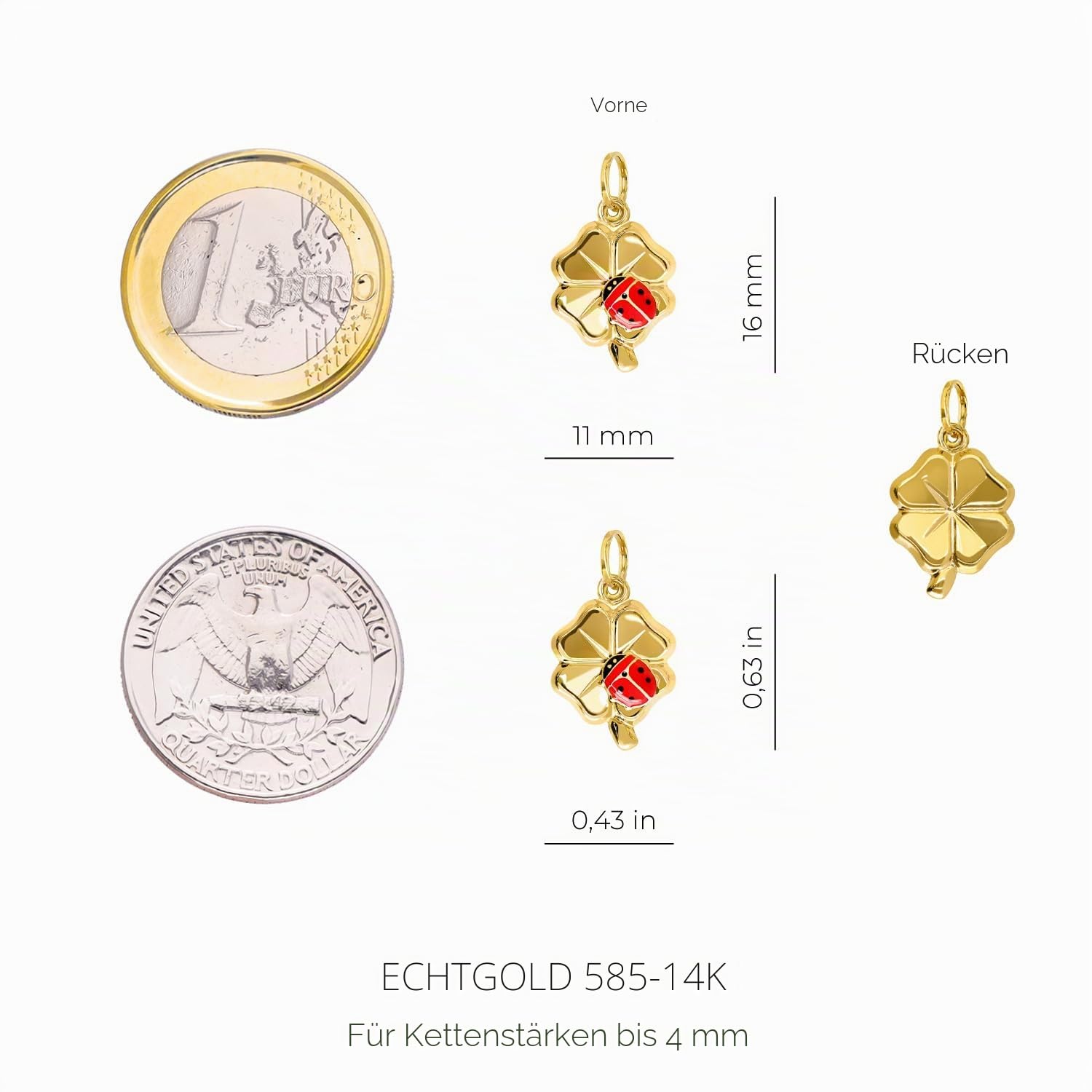 Lucchetta – Bring Glück mit unserem vierblättrigen Kleeblatt-Anhänger mit Marienkäfer Glücksbringer aus 14 Karat Gelbgold – für alle Armbänder und Ketten (bis zu 4 mm Dicke)