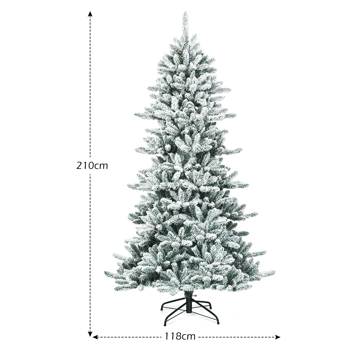 COSTWAY 210cm Künstlicher Bleistift Weihnachtsbaum mit Kiefernzapfen, schneebedeckter Tannenbaum mit Metallständer, Christbaum 1108 Spitzen PVC Nadeln, Kunstbaum Weihnachten Klappsystem