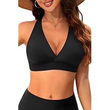 Women Halter Bikini Top Push Up Swimsuit Top Only | Removable soft padded bra, V-neck backless design, Mix match bikini bottoms