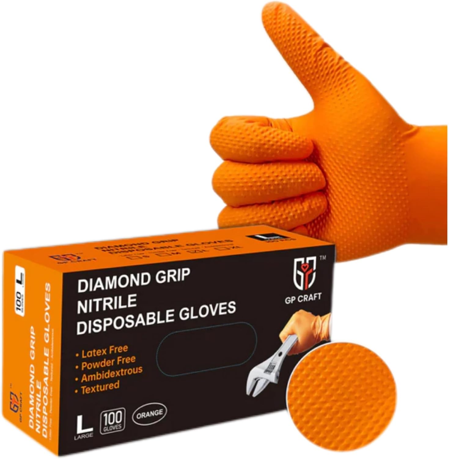 GP-68 Orange Nitrile Gloves - 8 Mil Heavy Duty - Latex-Free, Powder-Free, Disposable w Diamond Grip (100 Count, L)