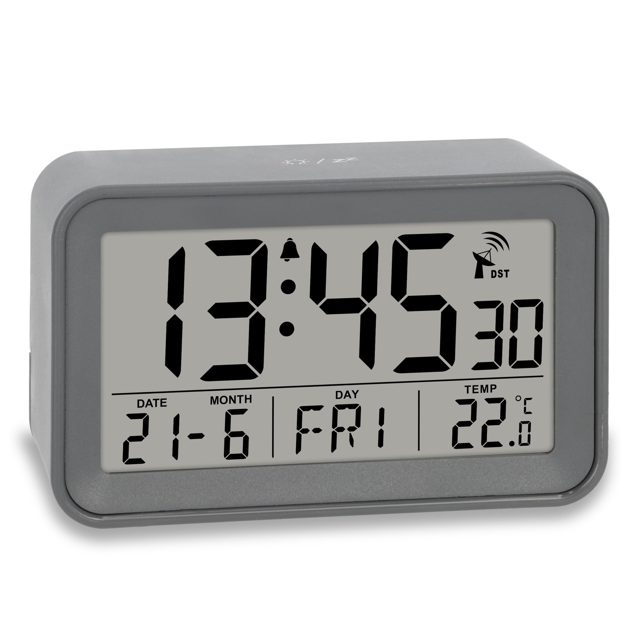 ADE Digitaler Funkwecker mit Licht | Wecker mit Temperaturanzeige und Kalender | kompakter Reisewecker | hübsches matt graues Gehäuse | mit Batterie