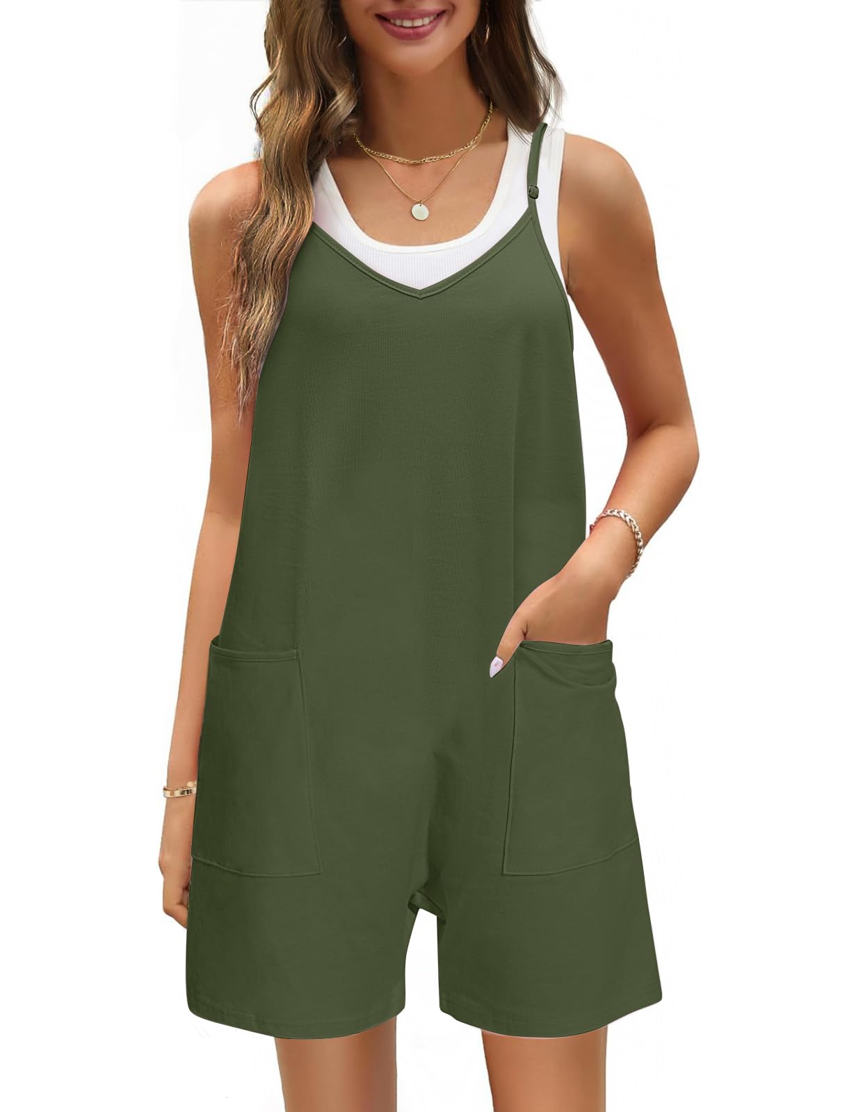heekpek Mono Mujer Verano Corto Sin Mangas Cuello en V Mono Casual Mujer Mono de Verano para Mujer Peto Sin Mangas Mono Pantalon Corto con Bolsillos