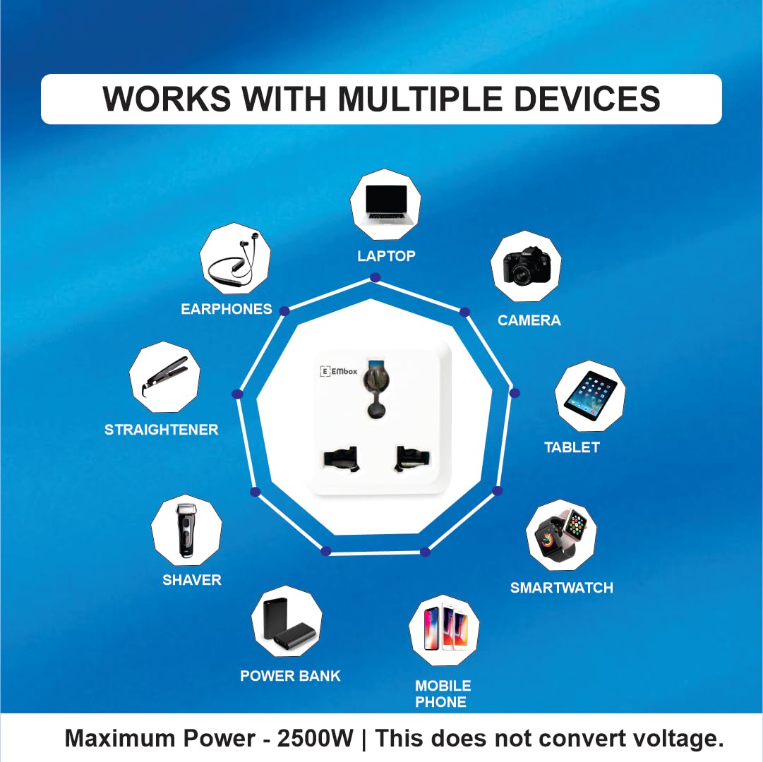 Embox 2 Pin Multi Plug Socket Type D Universal Adapter Compatible with US, UK, China Compact Plug Extension Socket and Converter for Computer Laptop Phone Camera, 6A Pack of 1 — Amazon image 3