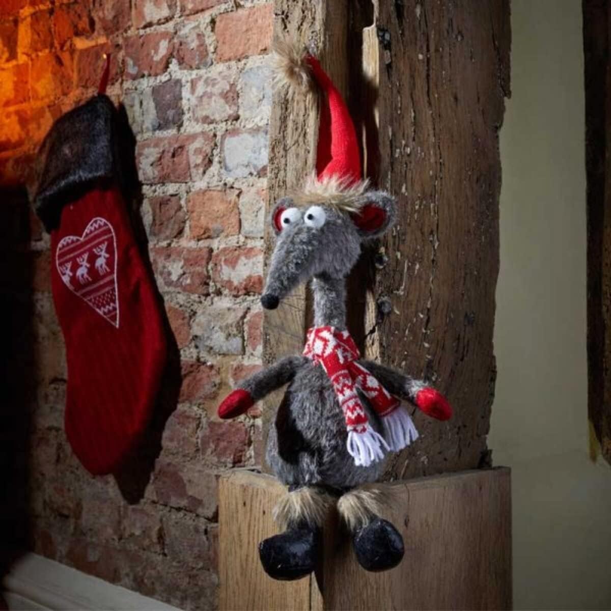 Marco Paul Interiors Grey Marco Paul Plush Rat Christmas Decoration - 67Cm Freestanding Faux Fur Mouse Ornament With Santa Hat - Festive Rat Figurine For Indoor Novelty Xmas Decorations, Home Decor, Centrepiece & Gift Idea