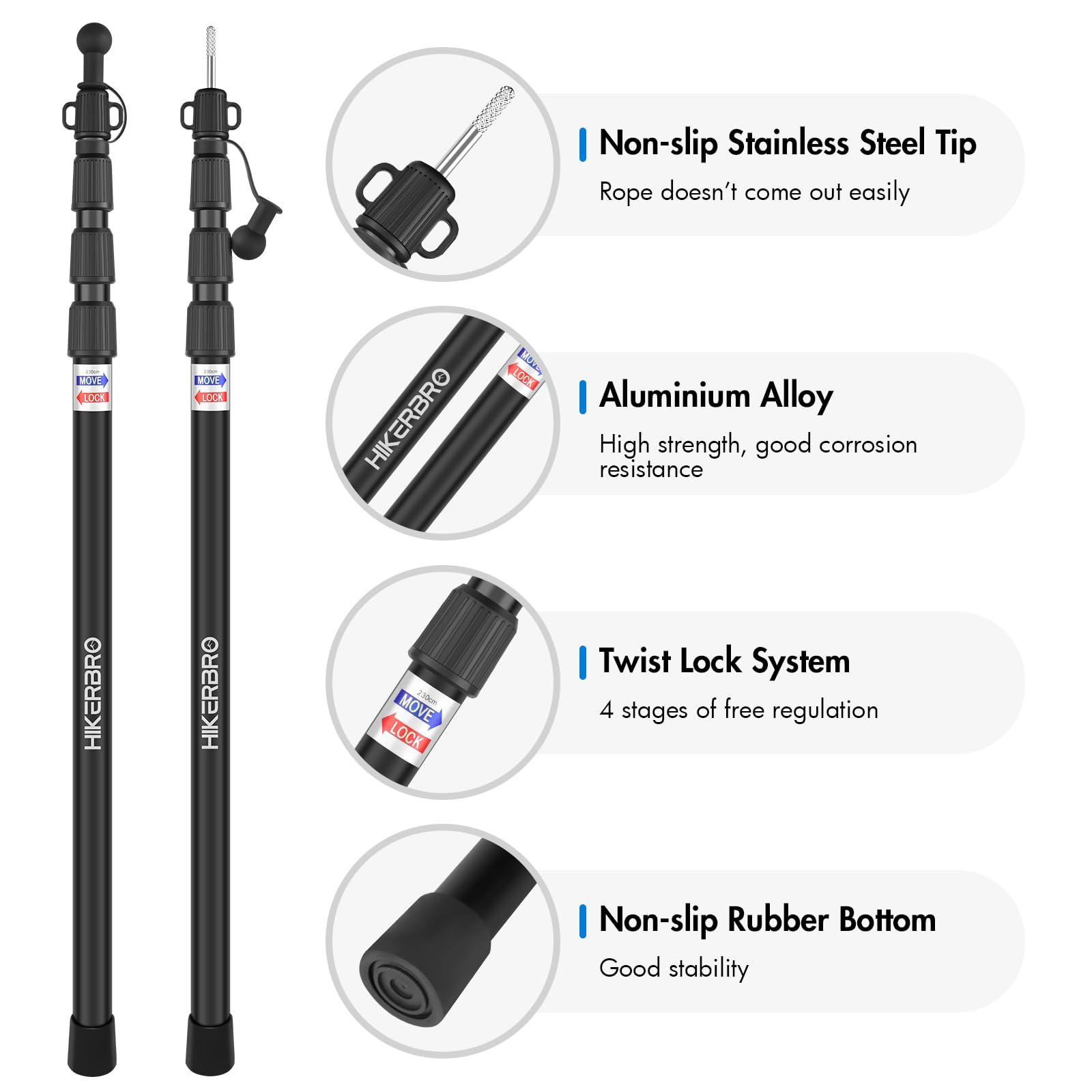 HIKERBRO Tarp Poles, Telescoping Tent Pole Set of 4, 7.7ft Aluminum Lightweight Portable Support Rod with Protection Cap, for Camping, Awning, Sun Shades,Rain Fly, Free Guylines & Stakes (4 Poles)