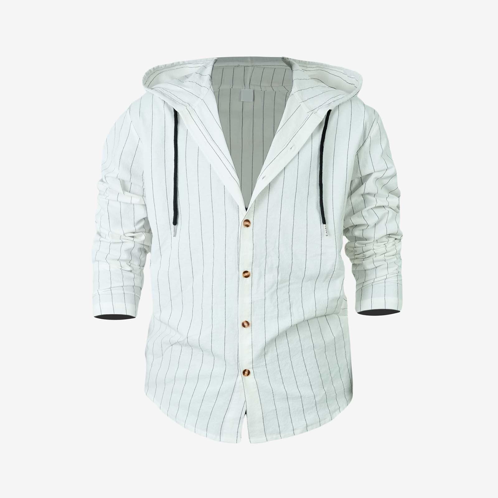 Generico Camicia Cappuccio Uomo Maniche Lunghe A Righe Lino Cotone con Bottoni, Indumento Traspirante per Look Casual Stagionali