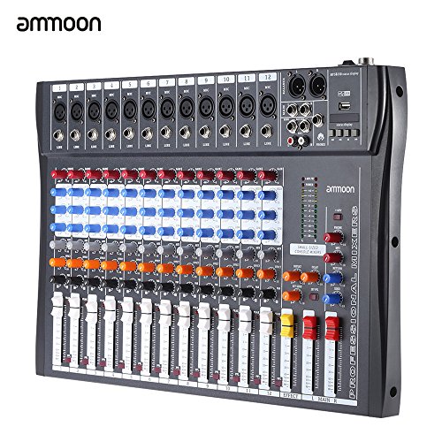 ammoon 12 Channels Mixer Audio Mixing Mic Line Console USB XLR Input 3-band EQ 48V Phantom Power with Power Adapter - Thumbnail 2