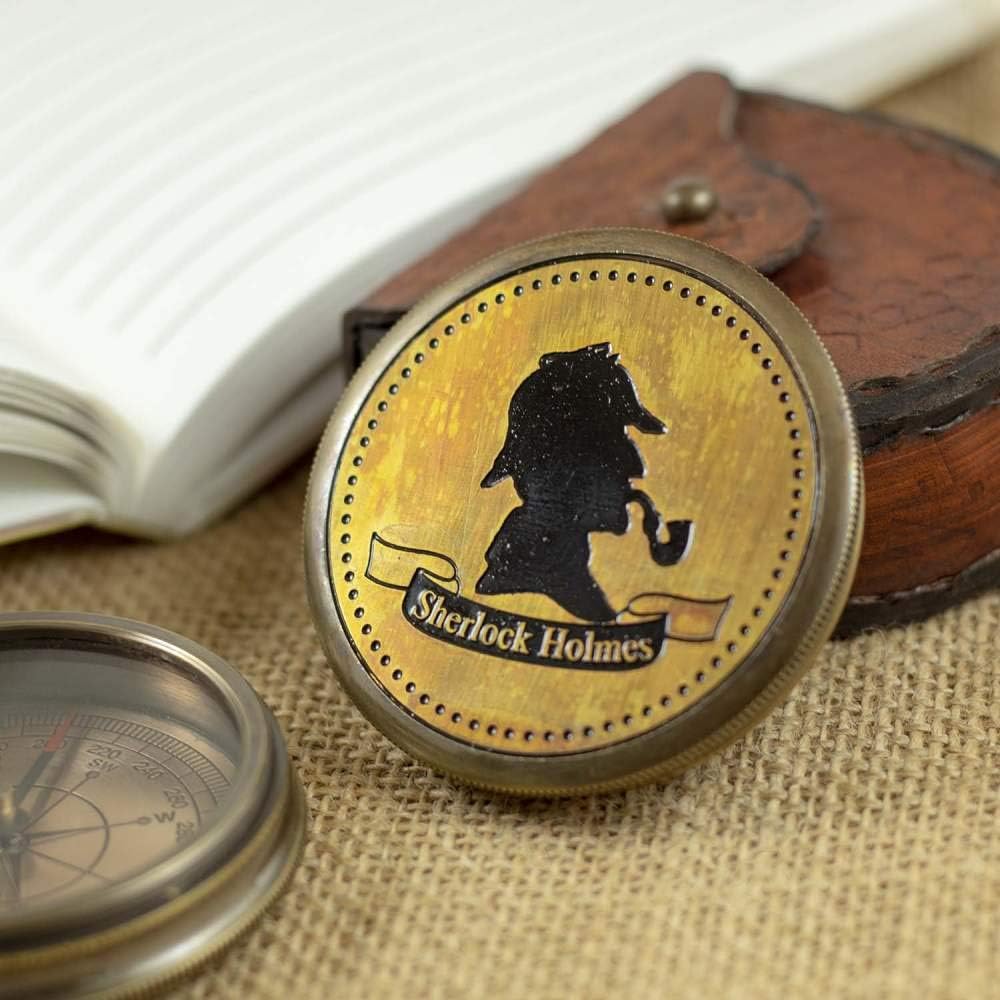 Brass 2.25" Pocket Magnetic Sherlock Holmes Detective Cigar hat Compass Nautical Boat Antique Steampunk Style Sundial Poem Engraved Gifts Directional Pirate Hiking Travel Elegant Leather case