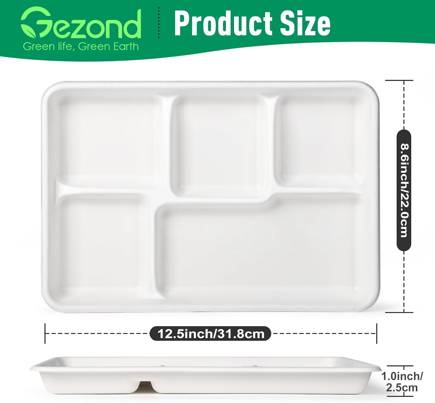 Gezond 100% Compostable 5 Compartment Plates 12.5 * 8.6 Inch, 100 Pack Disposable School Lunch Trays, Eco-Friendly Sugarcane Plates for Party Buffet Lunch Dinner - Image 2