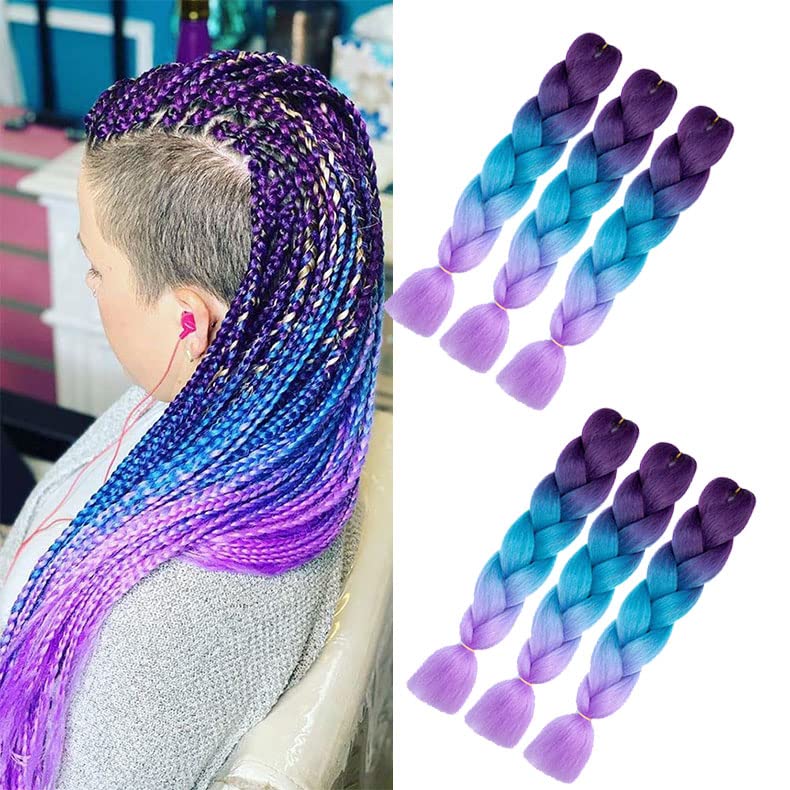 Purple ombre Braiding Hair colorful hair extensions for Braiding 6packs High Temperature Fiber Synthetic Braiding Hair for Crochet Twist Braids (Purple-blue-purple)