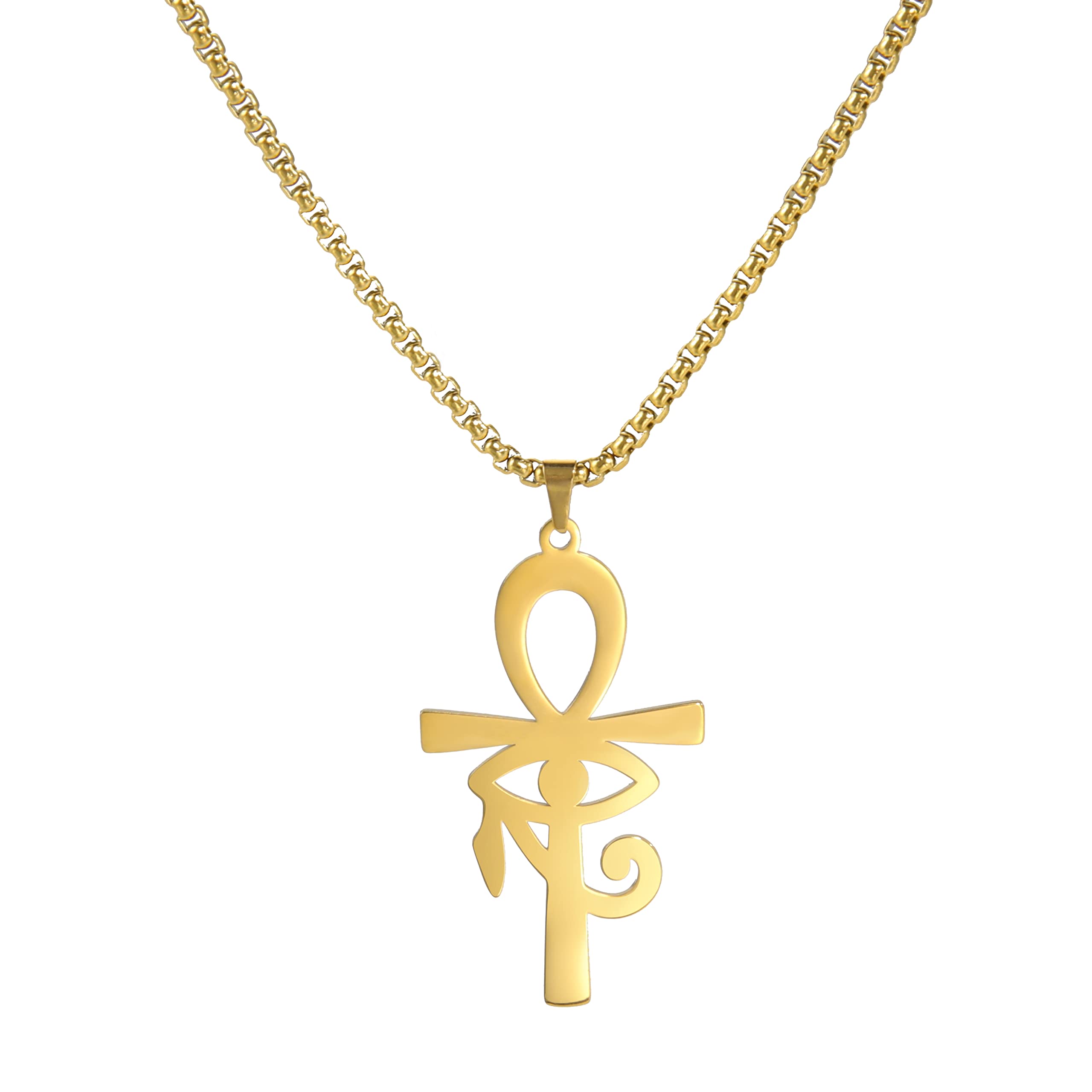 Egyptian Cross Eye of Horus Pendant Necklace Key of Life Pendant Ankh Figaro Chain Ugarte Gold Religious Jewellery Boys Men Teen
