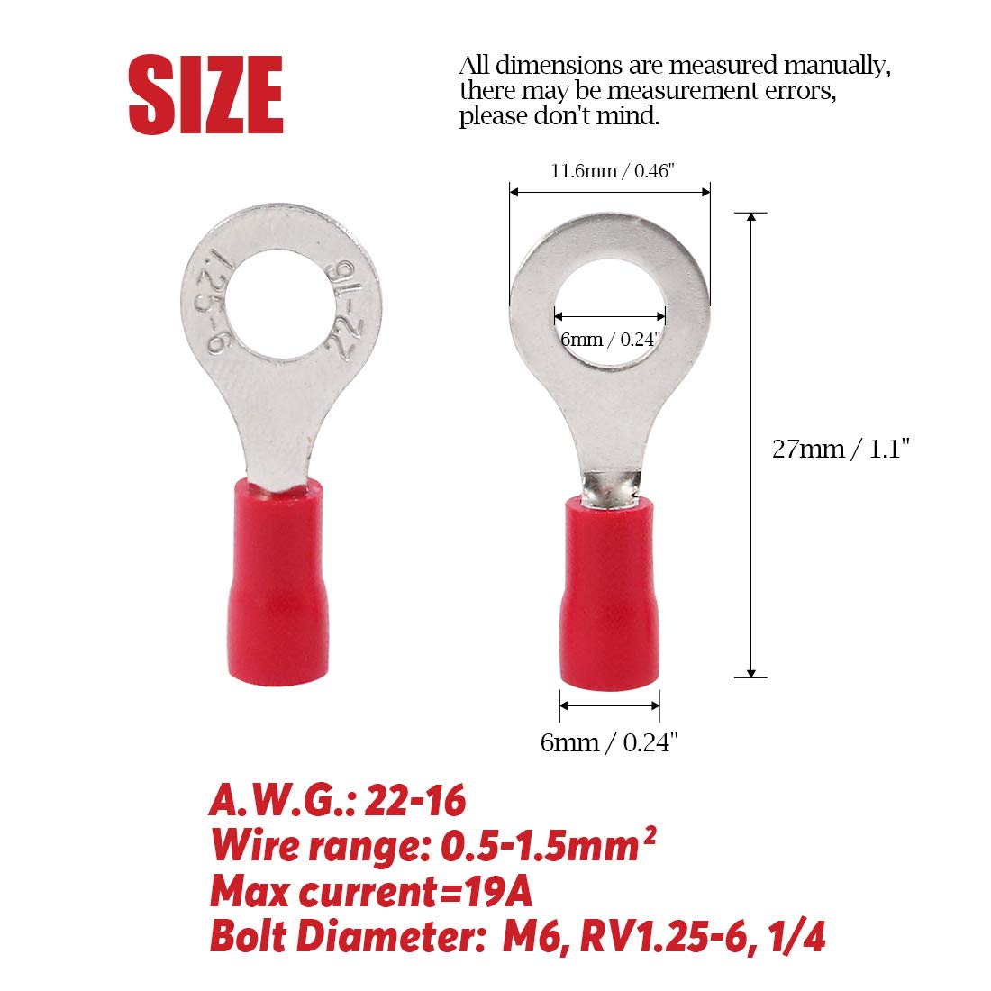 Hilitchi 100pcs 22-16 Gauge Ring Insulated Electrical Wire Terminals Wire Crimp Connectors (M6, Red) - Image 2
