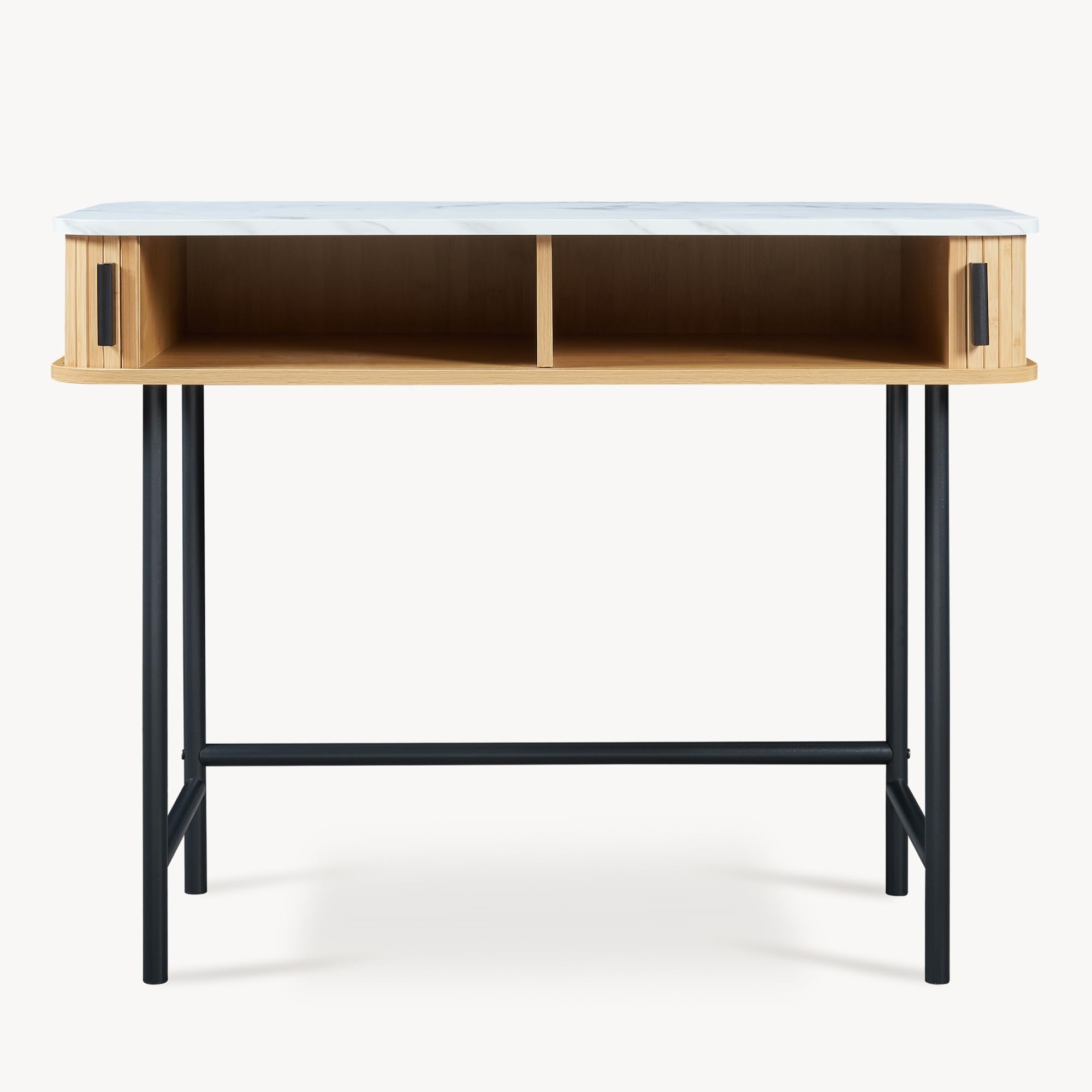 [en.casa] Consola Tvedestrand Versátil Mueble Recibidor Mesa de Entrada con 2 Compartimentos Cerrados Estable Diseño Atractivo Bambú Metal 100 x 50 x 76 cm - Mármol Blanco/Efecto Madera