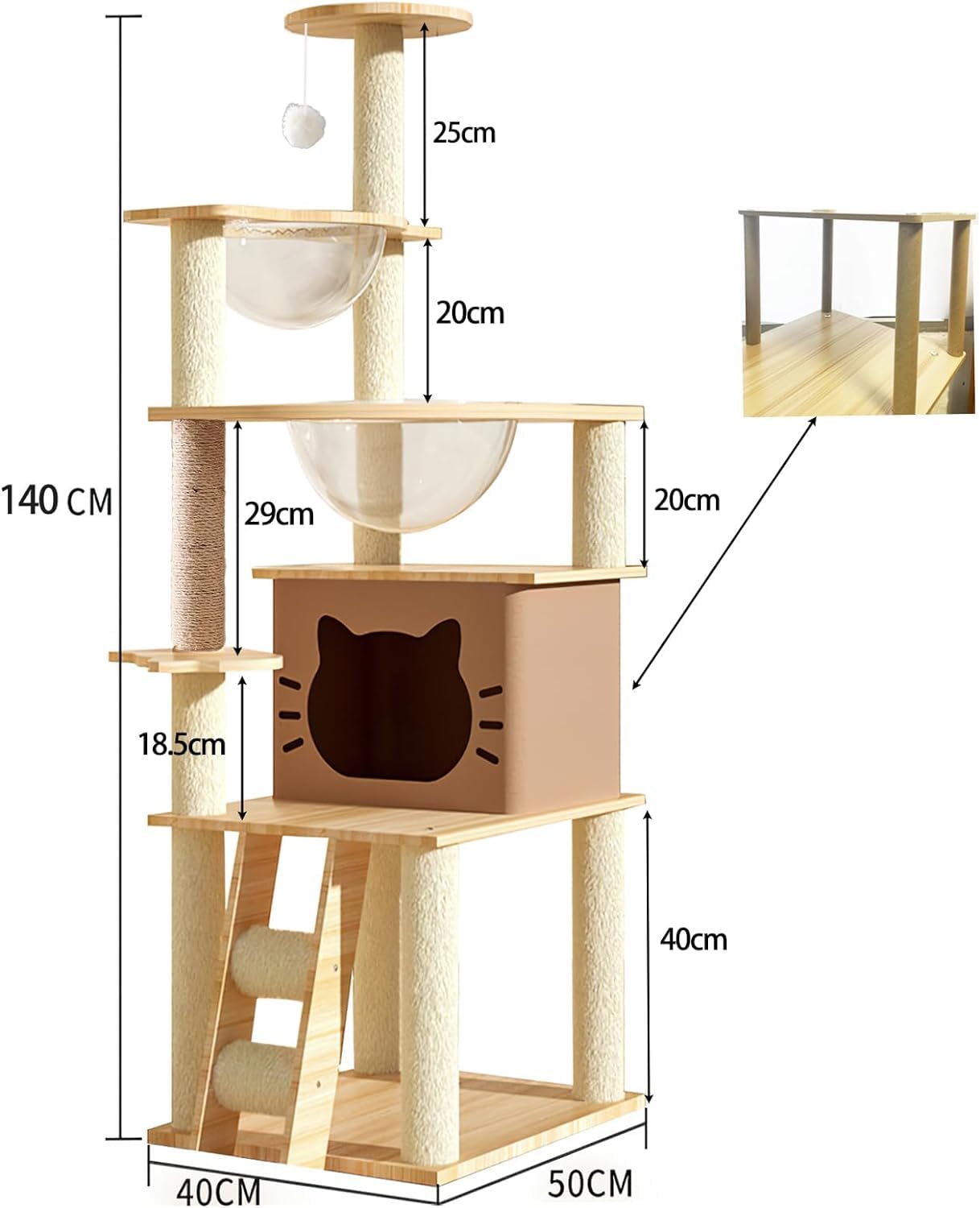 Mekidulu Albero per gatti da interno, 145 cm, condominio multilivello con 2 ciotole, 1 casa, 2 posatoi, 1 scala, 1 pompon, peso 15 kg, albero per gatti in legno (beige N3)