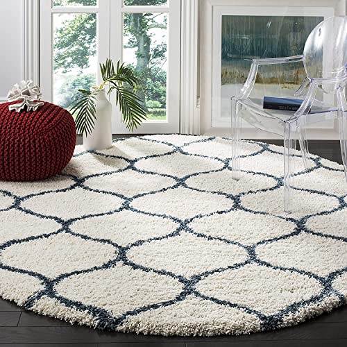 Image of Handwoven Microfibre 3D Rug for Living Room (Ivory & Teel Blue, 6 X 6 Feet (Round), Microfibre)