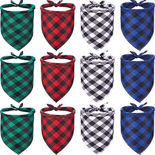 12 Pieces Dog Plaid Bandana Classic Triangle Bibs Scarf Adjustable Buffalo Pet Kerchief Washable Cotton Pet Costume Accessories Decoration for Dogs Cats Puppy Pets (Large)