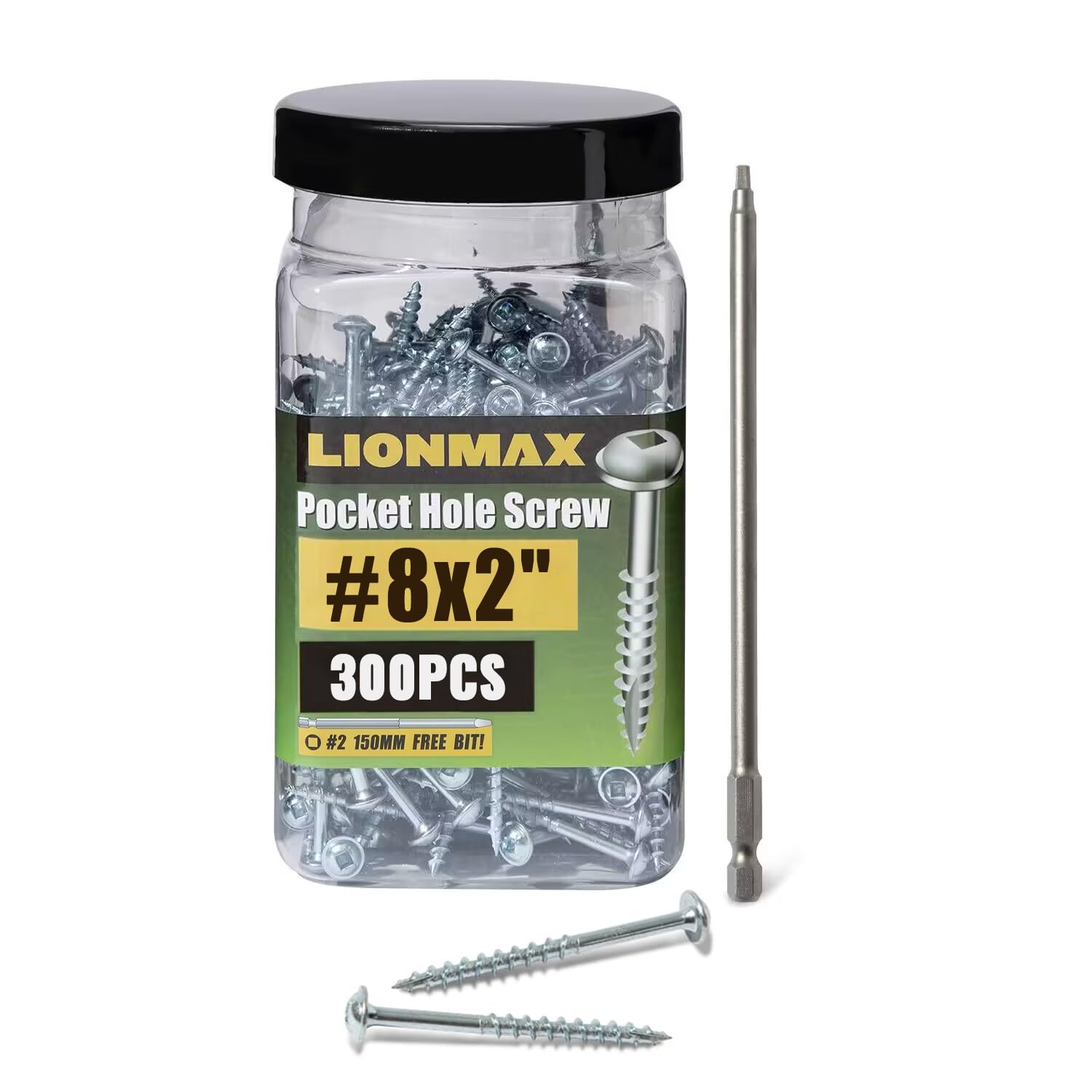 LIONMAX Wood Screws #8 x 2 Inch, Pocket Hole Screws 300PCS with Coarse Thread, Washer Head Square Drive, Self Tapping, Zinc Plated, Rust-Resistant, 150MM Drive Bit Included