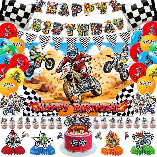 Asiriven 94PCS Dirt Bike Birthday Party Decorations Dirtbike Motocross Party Supplies Includes Banner Backdrop Balloons Cake & Cupcake Toppers Stickers Centerpieces (Dit Bike Birthday)