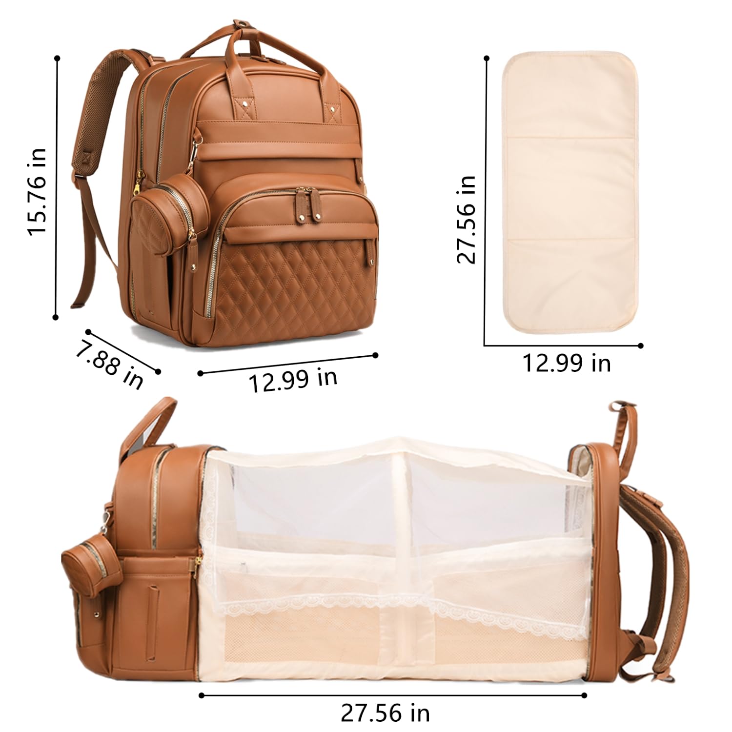 Sac à langer bébé, Sac à langer à dos portable, grande capacité, cuir déperlant, tapis à langer inclus, pare-soleil, porte tétine, sangles intégrées poussette