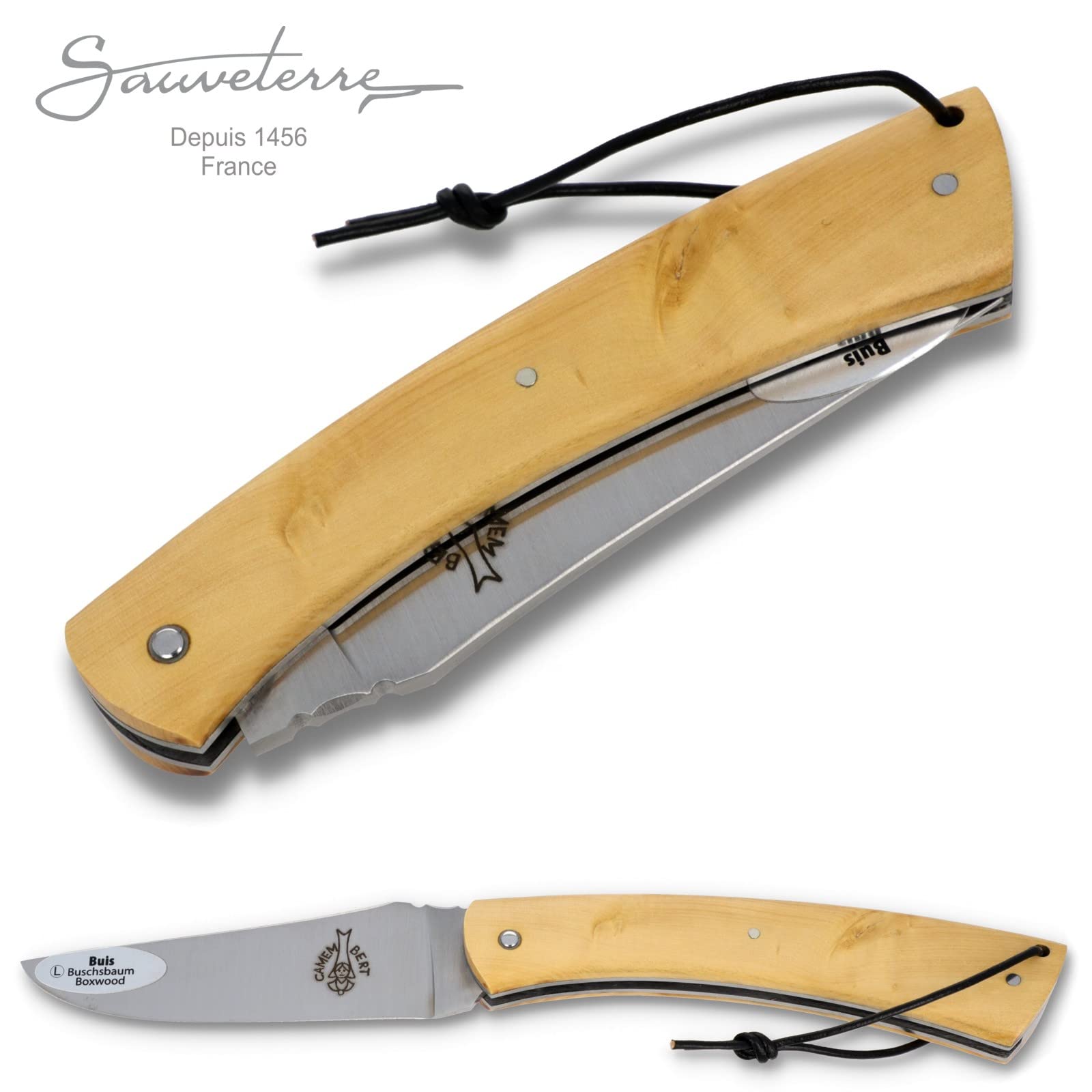Sauveterre Le Camembert Taschenmesser - 11 cm Griff Buchsbaum Plein Manche - verzierte Platine - Klinge matt - Messer Frankreich