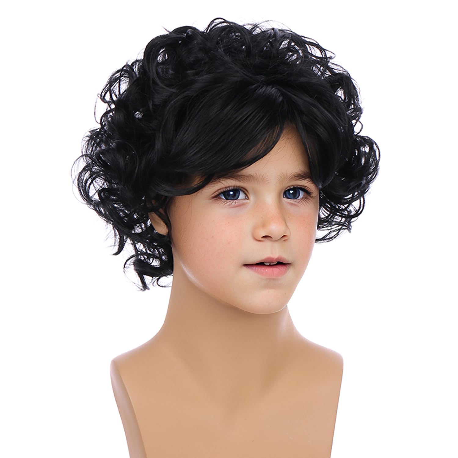 PATTNIUM Boys Black Wig Kids Short Black Curly Cosplay Wigs Children Synthetic Halloween Costume Hair Wigs