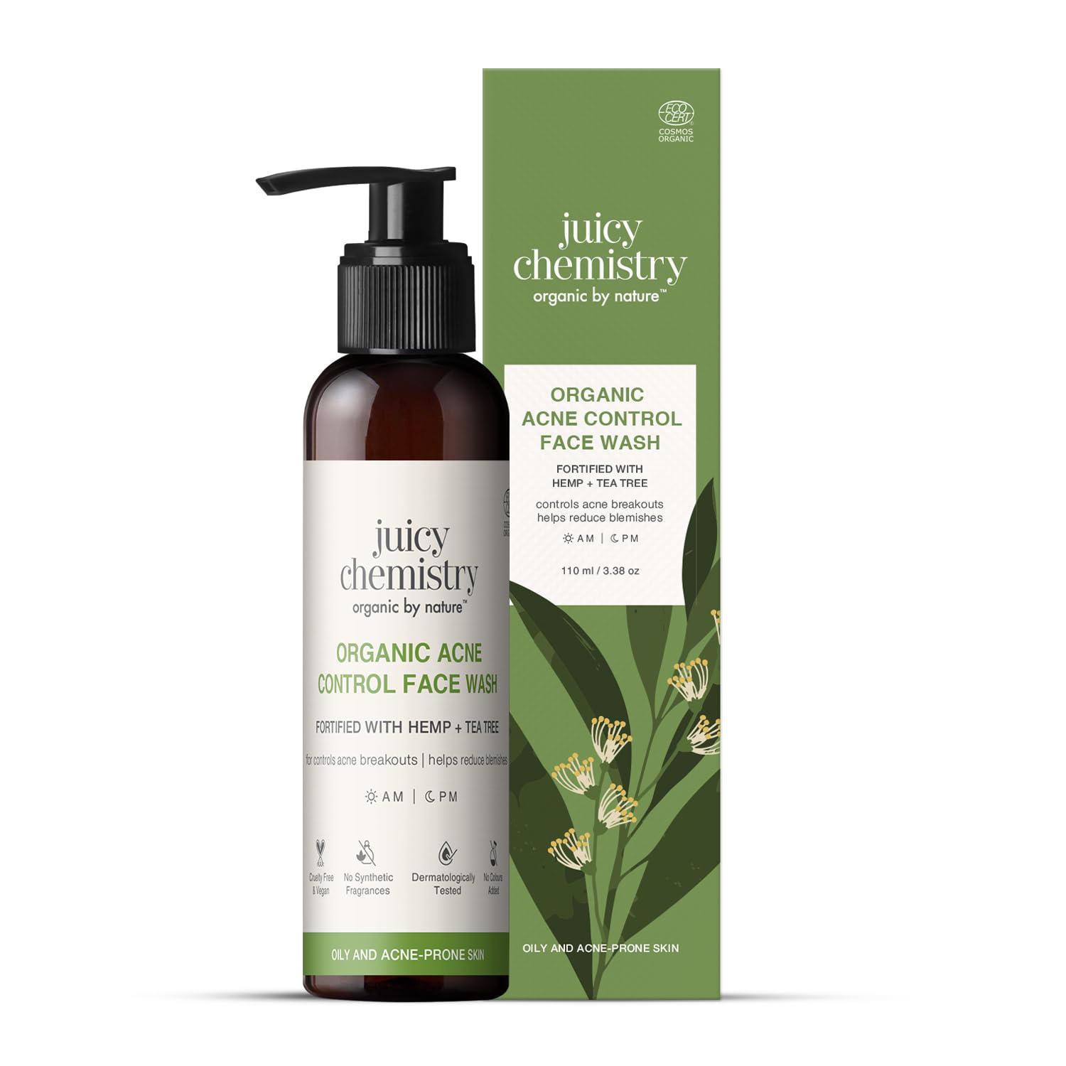 Juicy Chemistry Organic Acne Control Face Wash, 110 ml | Hemp, Tea Tree & Neem Face Cleanser for Acne-prone, Oily, Coimbination Skin | Blemish Control & Purifying Face Wash | Cruelty-free & 100% Vegan