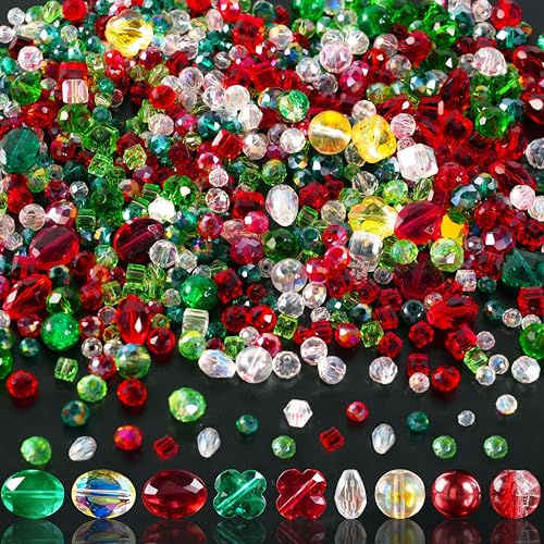 Christmas Glass Beads for Jewelry Making 636Pcs Red Green AB Color Craft Crystal Beads with Loose Beads Sparkly Beads Hole Drilled for DIY Christmas Bracelets Necklace Wristband Earring Craft