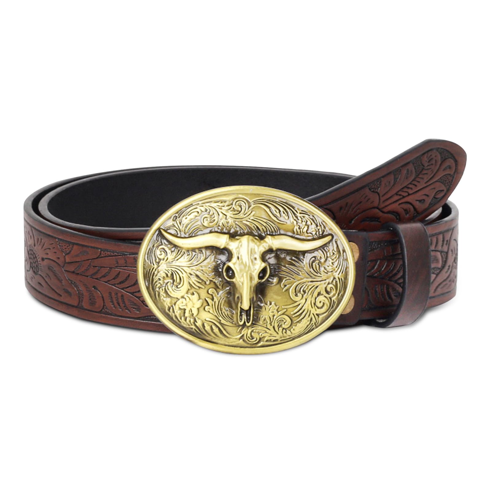 Aurolran Western Cowboy Cowgirl Belt Country belt for Men Women, Leather Bull Buckle Belts for Jeans